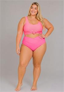 Knotted Front Rib Knit Tankini Top Pink